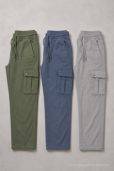 DAMGA JEANS Ανδρικό λινό παντελόνι Cargo με ελαστική μέση, 3 τεμάχια