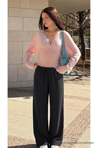 DAMGA JEANS Γυναικείο καλοκαιρινό παντελόνι από λινό με υφή, φαρδιά μπατζάκια...