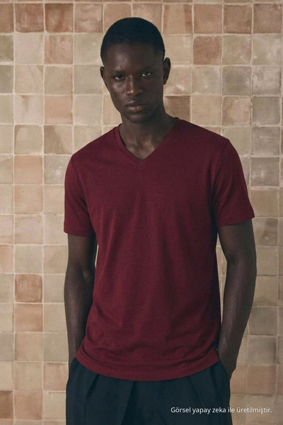 DAMGA JEANS Men's Cotton Flexible Claret Red V-Neck T-Shirt