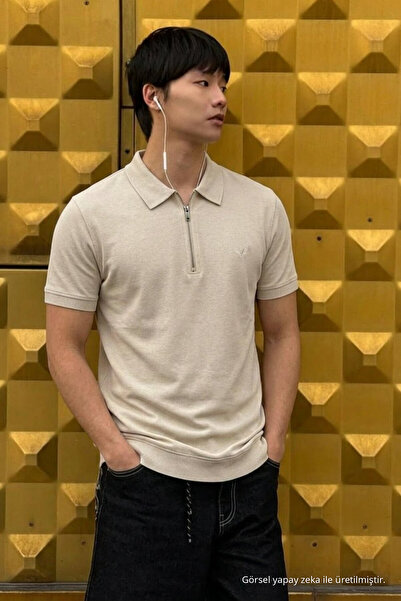 DAMGA JEANS Tricou pentru bărbați, elastic, bej, cu guler polo