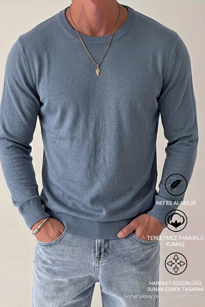 DAMGA JEANS Men's Winter Crew Neck Indigo Knit Sweater