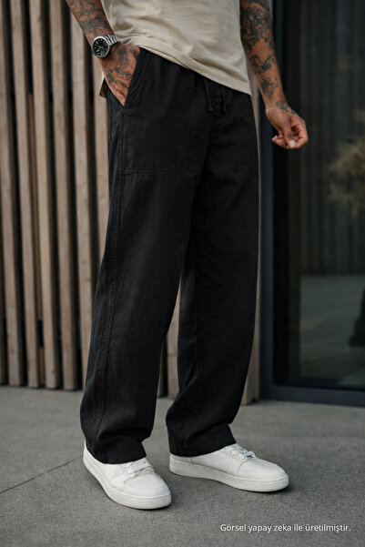DAMGA JEANS Erkek Premium Jogger Relax Fit Siyah Keten Pantolon