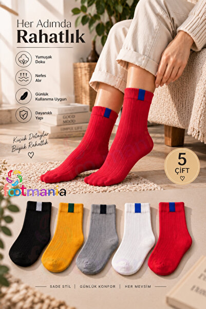 footmania 5 Çift Renkli Unisex Kolej Tenis Çorap Seti