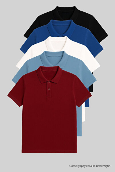 COMBİNE MİCHAİL Men's T-Shirt 5-Pack Polo Neck - Black-Blue-White-Baby Blue-C...