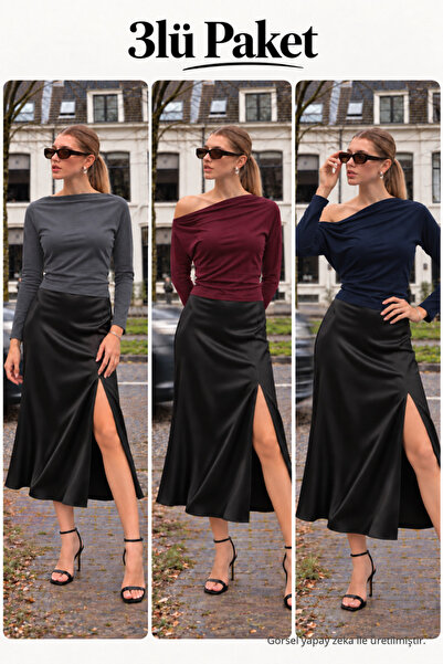 COMBİNE MİCHAİL Women's Boat Neck Basic Slim Blouse 3-Piece Set