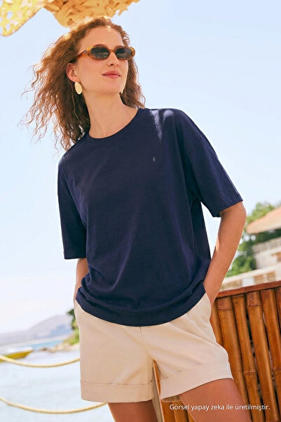 COMBİNE MİCHAİL Women's Short Sleeve Cotton Navy Blue T-Shirt