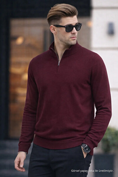 COMBİNE MİCHAİL Men's Half Zipper Casual Burgundy Knit Sweater