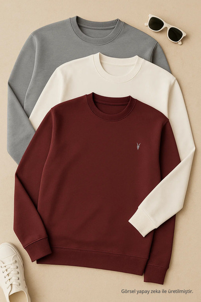 COMBİNE MİCHAİL Men's Loose Crew Neck Wide 3-Piece Sweatshirt