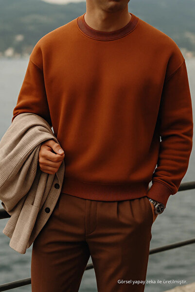 COMBİNE MİCHAİL Men's Thick Crew Neck Casual Cinnamon Sweater