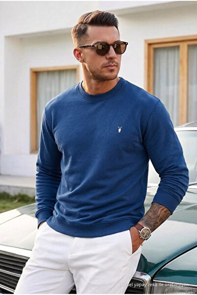 COMBİNE MİCHAİL Indigo Plain Sleeve Regular Men's Sweatshirt