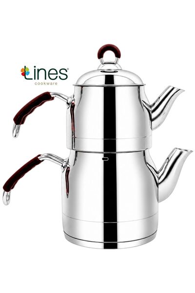 Lines Ayperi Paslanmaz Çelik Çaydanlık Seti Silikon Kulp 1 Litre Demlik 2 Lit...