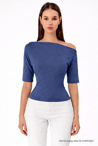 COMBİNE MİCHAİL Women's Off-Shoulder Short Sleeve Blue Slim Blouse