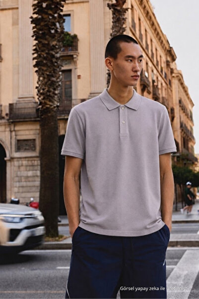 COMBİNE MİCHAİL Men's Basic Loose Gray Polo Neck T-Shirt