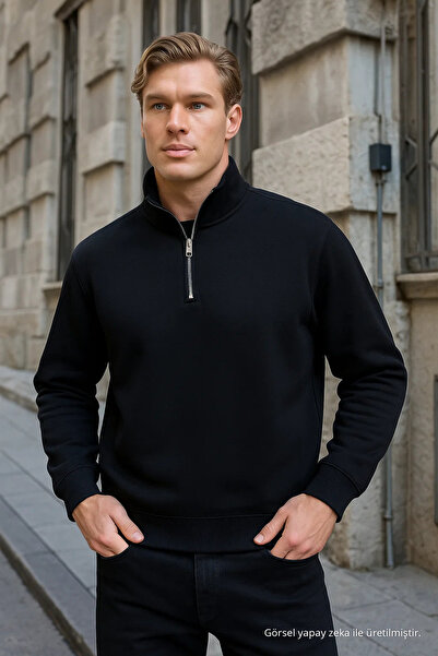 COMBİNE MİCHAİL Men's Half Zipper Loose Black Sweatshirt