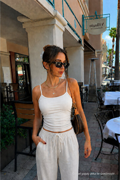 COMBİNE MİCHAİL Kadın Basic İnce Askılı Dar Beyaz Crop Bluz