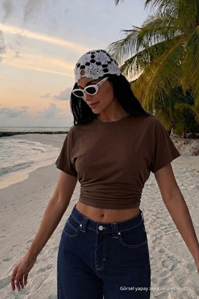 COMBİNE MİCHAİL Women's Bat Sleeve Tight-Fitting Brown Crop T-Shirt