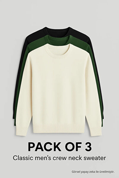 COMBİNE MİCHAİL Men's Crew Neck Basic 3-Piece Knit Sweater