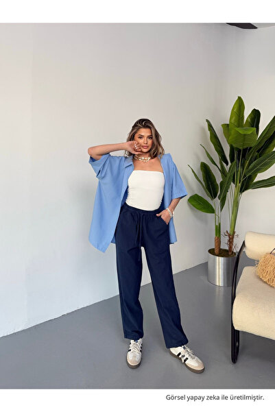 COMBİNE MİCHAİL Navy Blue Women's Linen Trousers