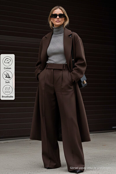 COMBİNE MİCHAİL Women's High-Waist Loose Brown Palazzo Pants