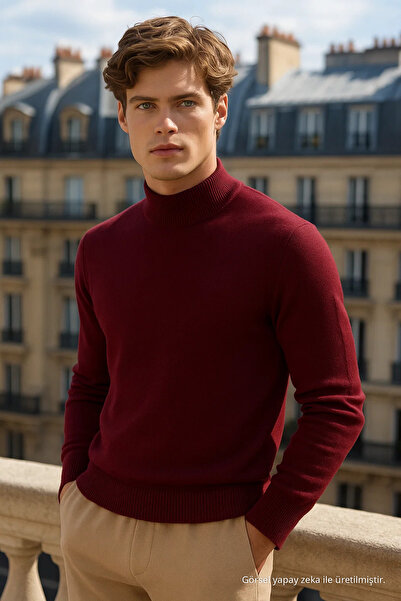 COMBİNE MİCHAİL Men's Casual Daily Trend Basic Burgundy Sweater