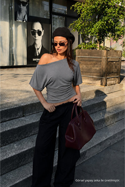 COMBİNE MİCHAİL Kadın Günlük Casual Dar Füme Crop Bluz