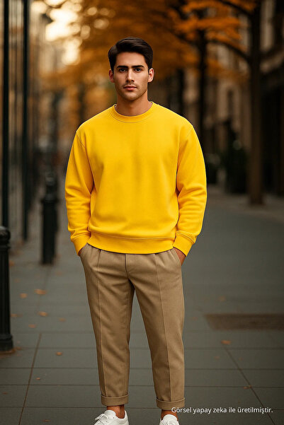 COMBİNE MİCHAİL Men's Casual Basic Yellow Loose Sweater