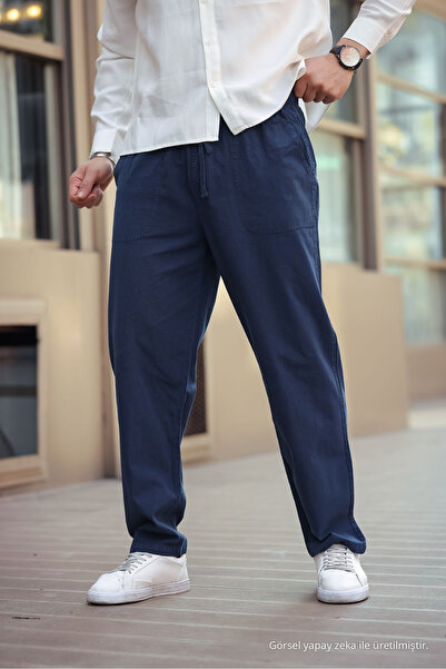 COMBİNE MİCHAİL Men's Linen Loose Cut Trousers Navy Blue