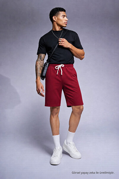COMBİNE MİCHAİL Men's Comfort Fit Above Knee Burgundy Shorts