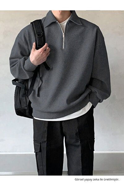COMBİNE MİCHAİL Erkek Polo Yaka Yarım Fermuarlı Sweatshirt FÜME