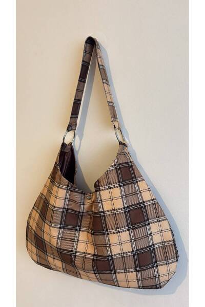 MUTE BAG Καφέ καρό σχέδιο / Καφέ καρό τσάντα ώμου (28*49)