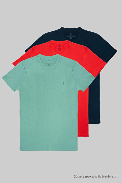 COMBİNE MİCHAİL Erkek Çağla Kırmızı Lacivert %100 Pamuk 3 Lü T-shirt Paketi