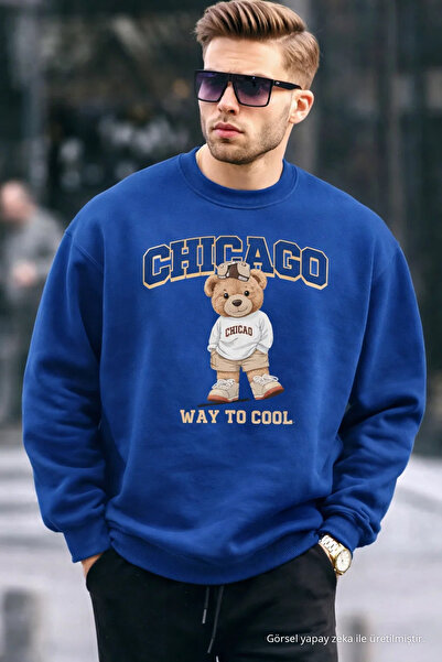 COMBİNE MİCHAİL Chicago Bear Embroidered Retro City Men's Cobalt Blue Sweatshirt