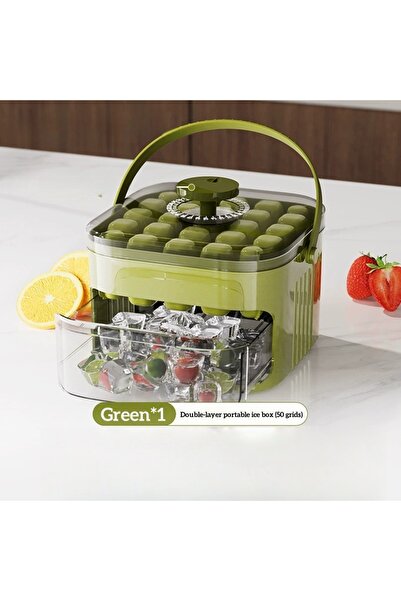 choice2 Green Compact Double Layer Ice Cube Tray with Lid and Bin, Pull-Out I...