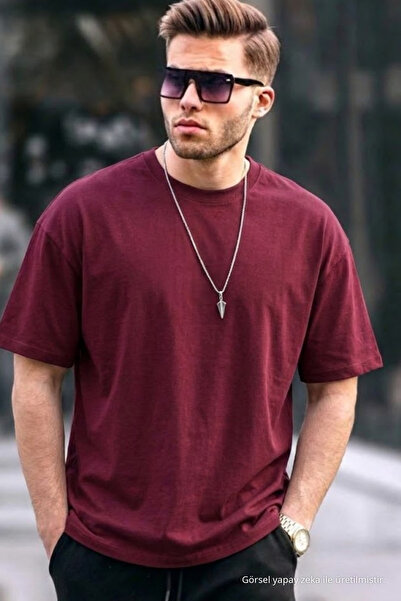 COMBİNE MİCHAİL Men's Premium Basic Trend Claret Red Oversized T-Shirt