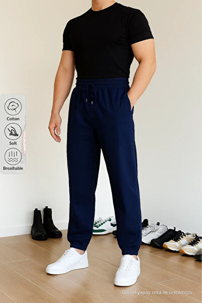 COMBİNE MİCHAİL Men's Elastic Waist Casual Navy Linen Trousers