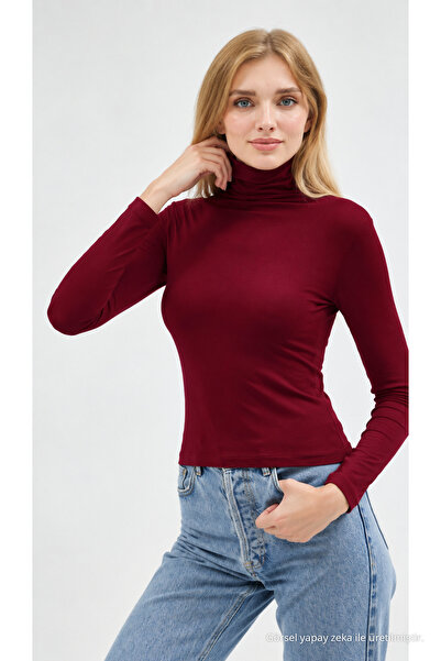 COMBİNE MİCHAİL Women's Ultra Soft Turtleneck Burgundy Blouse