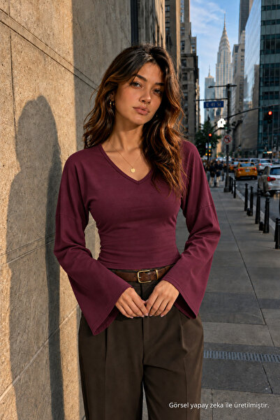 COMBİNE MİCHAİL Kadın Örme Pamuklu Slim Kesim Bordo Bluz