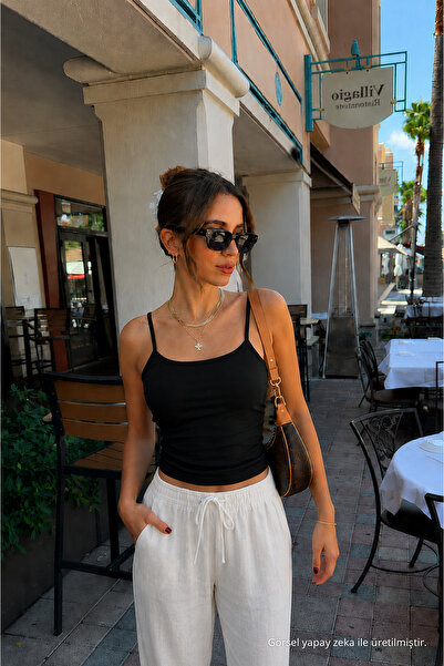 COMBİNE MİCHAİL Kadın Basic İnce Askılı Dar Siyah Crop Bluz