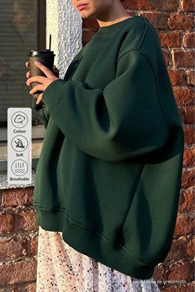 COMBİNE MİCHAİL Kadın Bisiklet Yaka İçi Şardonlu, Kışlık Yumuşak Bol Sweatshi...