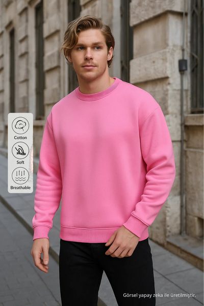 COMBİNE MİCHAİL Erkek Bisiklet Yaka Salaş Pembe Sweatshirt