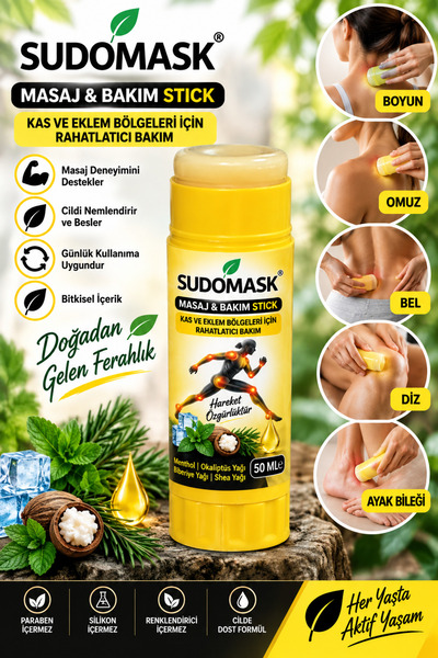 SUDOMASK Masaj & Bakım Stick 50 ML | Boyun Omuz Bel Diz Ayak Bileği Bakım Balmı