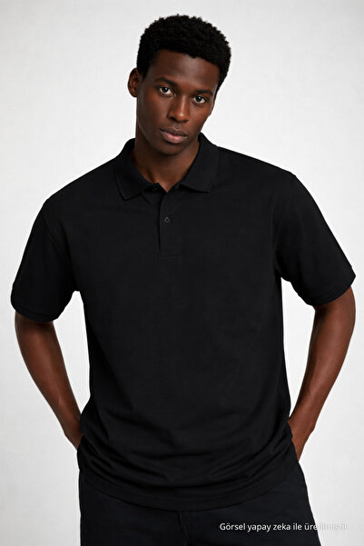COMBİNE MİCHAİL Men's Short Sleeve Loose Black Polo Collar T-Shirt