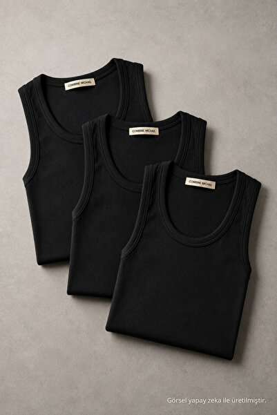 COMBİNE MİCHAİL Men's Flexible 3-Piece Black Ribbed Undershirt