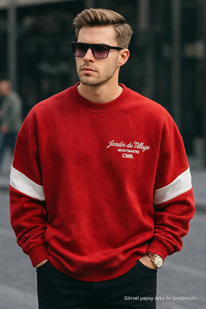 COMBİNE MİCHAİL Men's Winter Printed Oversized Red Sweatshirt