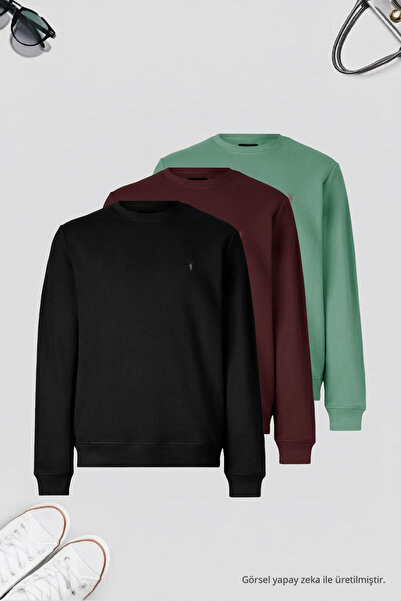 COMBİNE MİCHAİL Erkek 3-lü Lacivert-çağla-gri Sweatshirt Basic Bisiklet Yaka