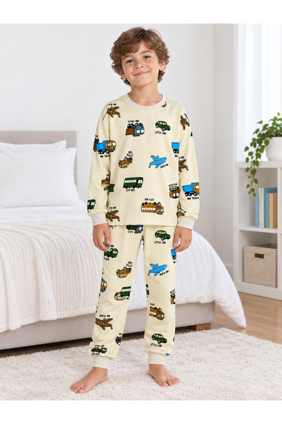 Fil Kids Boys' 100% Cotton Combed Fabric Beige Color Truck Airplane Car Patte...