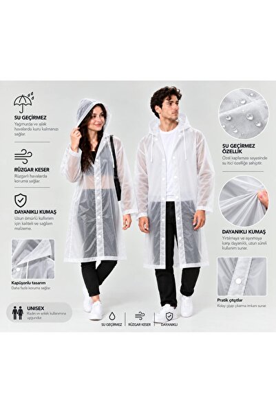 Vea Collection Unisex Şeffaf Yağmurluk Kapüşonlu Su Geçirmez Yağmurluk