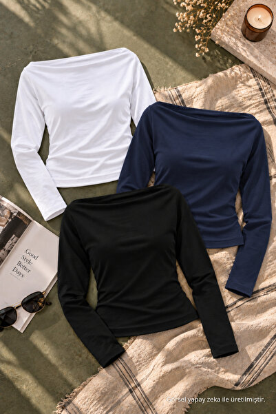 COMBİNE MİCHAİL Women's Boat Neck Basic Slim Blouse 3-Piece Set