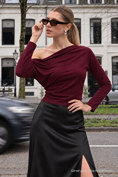 COMBİNE MİCHAİL Women's Casual Degaje Boat Neck Burgundy Blouse
