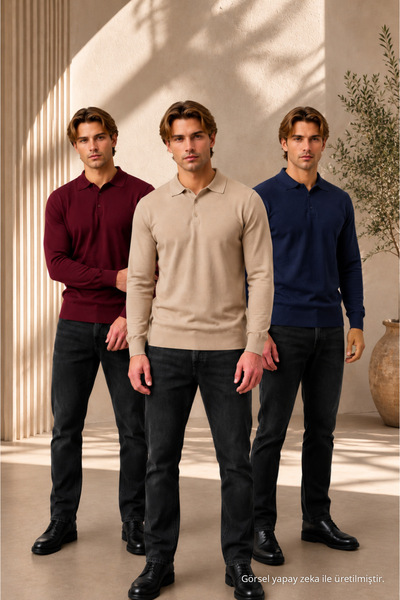 COMBİNE MİCHAİL Men's Winter 3-Piece Polo Collar Knit Sweater